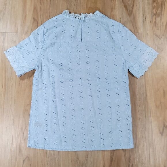 🔺️Shein Powder Blue Embroidered Eyelet Short Sleeve Top Small - Picture 2 of 8